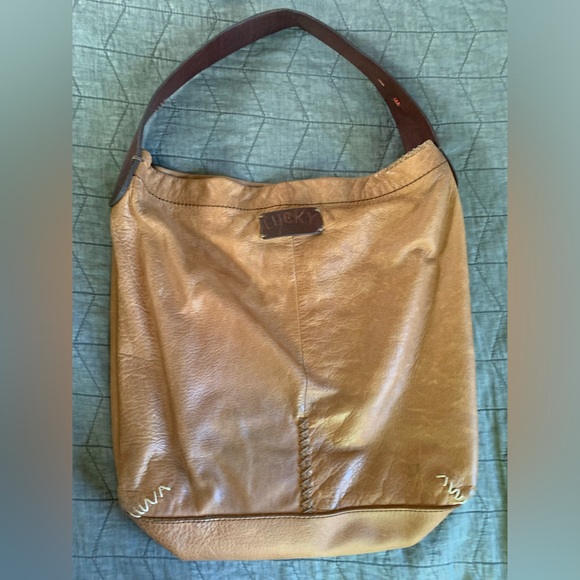 Lucky Brand tan brown leather hobo bag with whipstitch and bead details - Picture 10 of 13